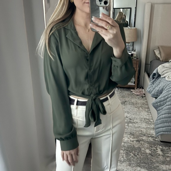 iris Tops - Elegant Army Olive Green Women's Front Tie Button Down Work Blouse